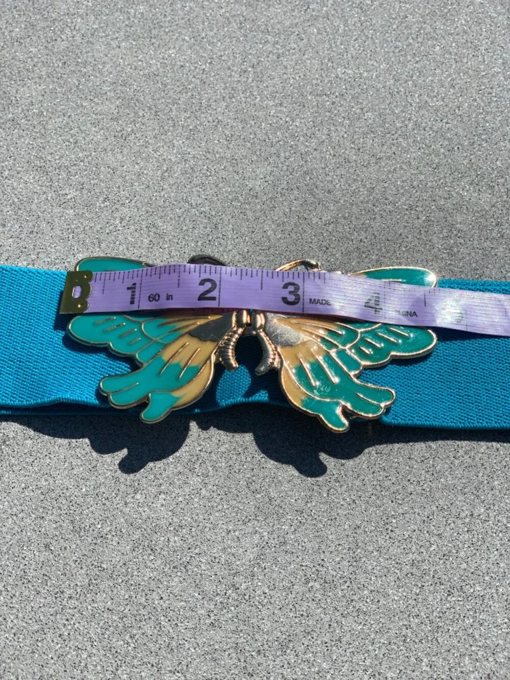 Vintage Wide Statement Cinch Waist Belt M Blue Elastic Gold Butterfly Buckle 90s